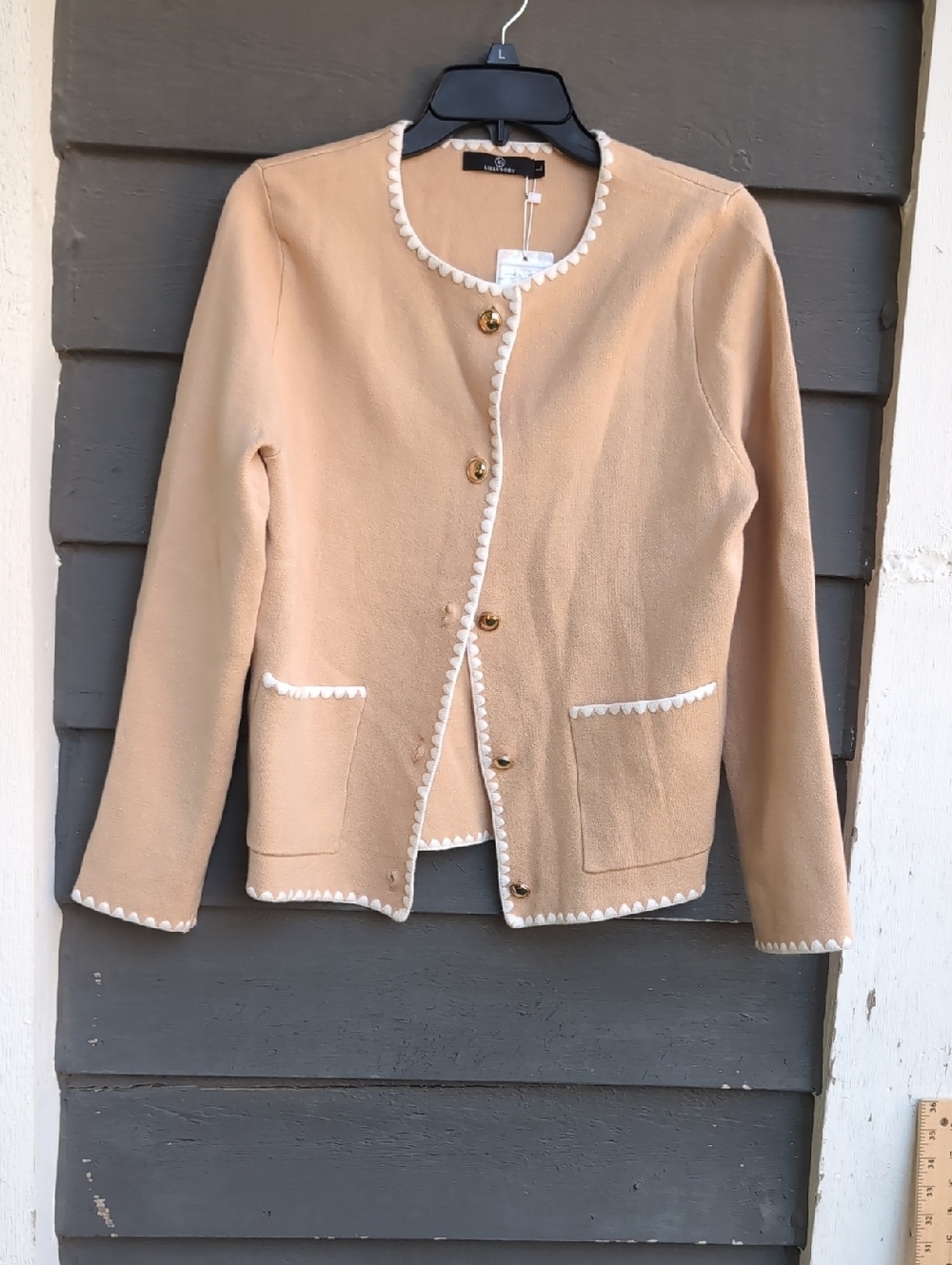Classic Beige Women’s Cardigan Jacket with White Trim Size Large Nwt